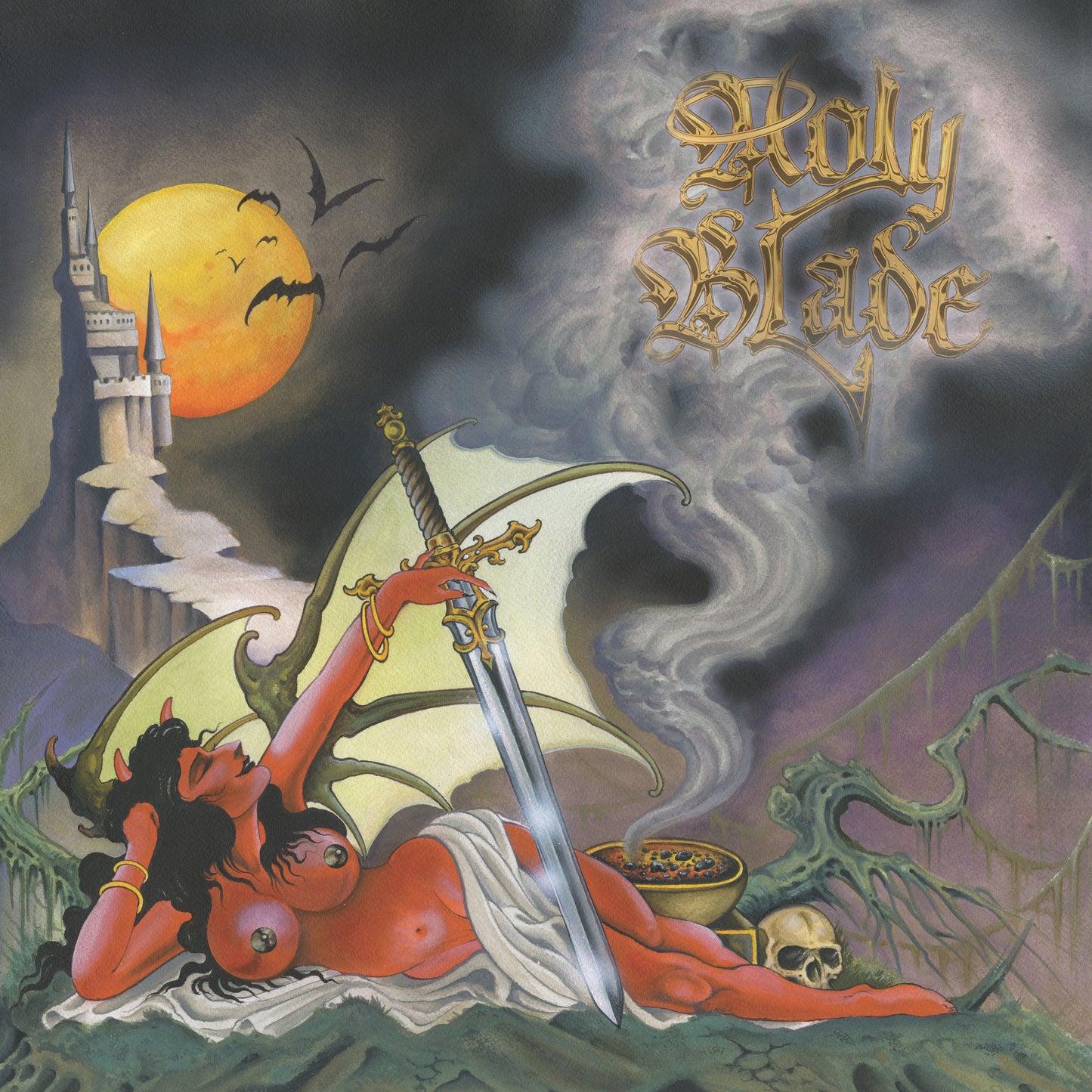 Fantasy album cover with a red figure, sword, castle, and moon.