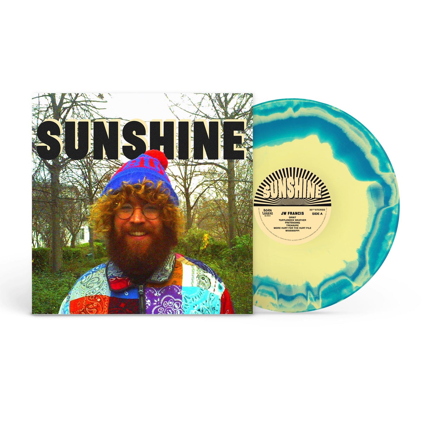 “Sunshine” vinyl record by Jw Francis, yellow and blue swirl pattern.