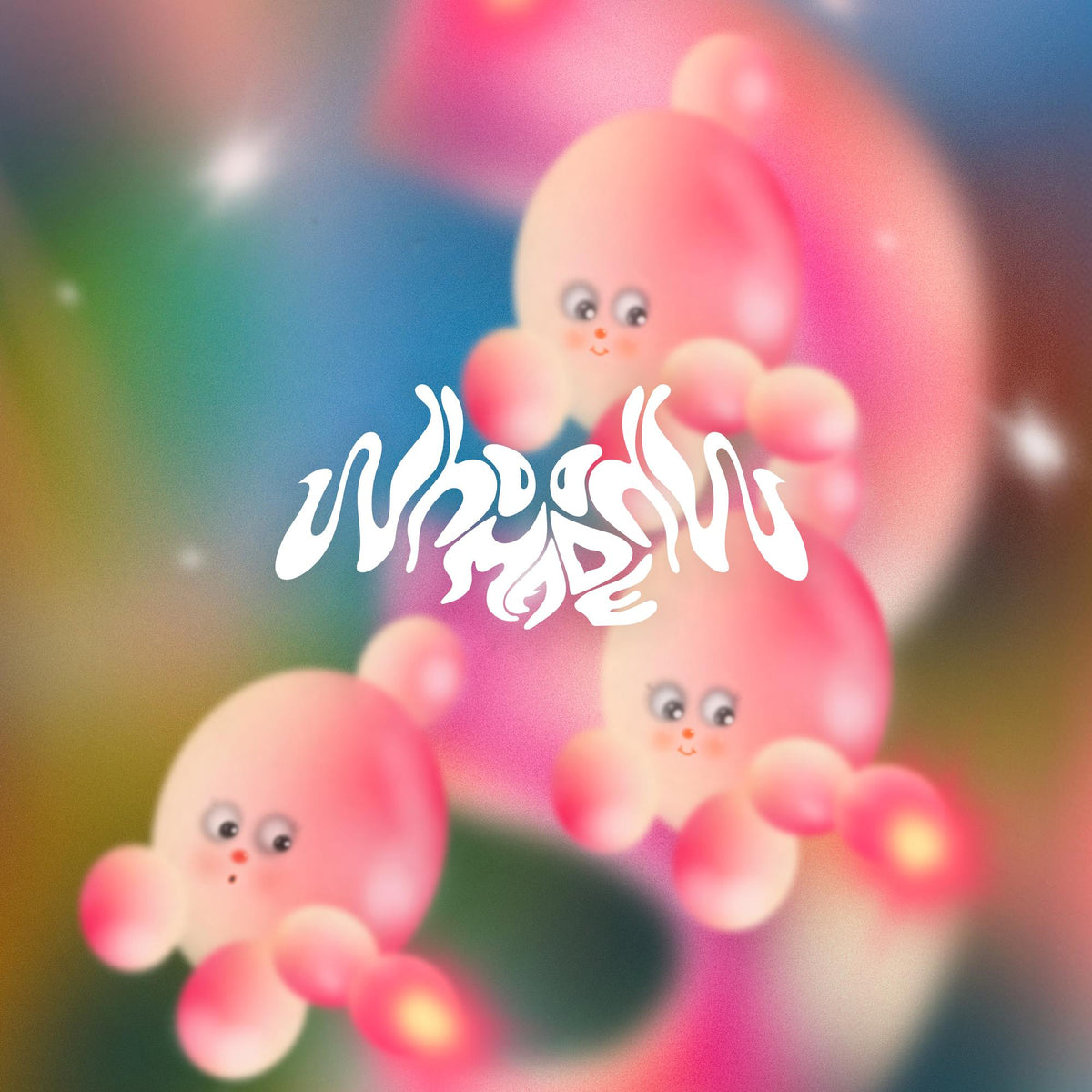 Album cover with pink, cartoonish figures and swirling white text.