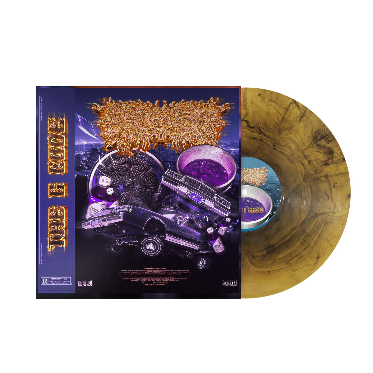 Vinyl record with colorful, surreal album art featuring a car and cityscape.