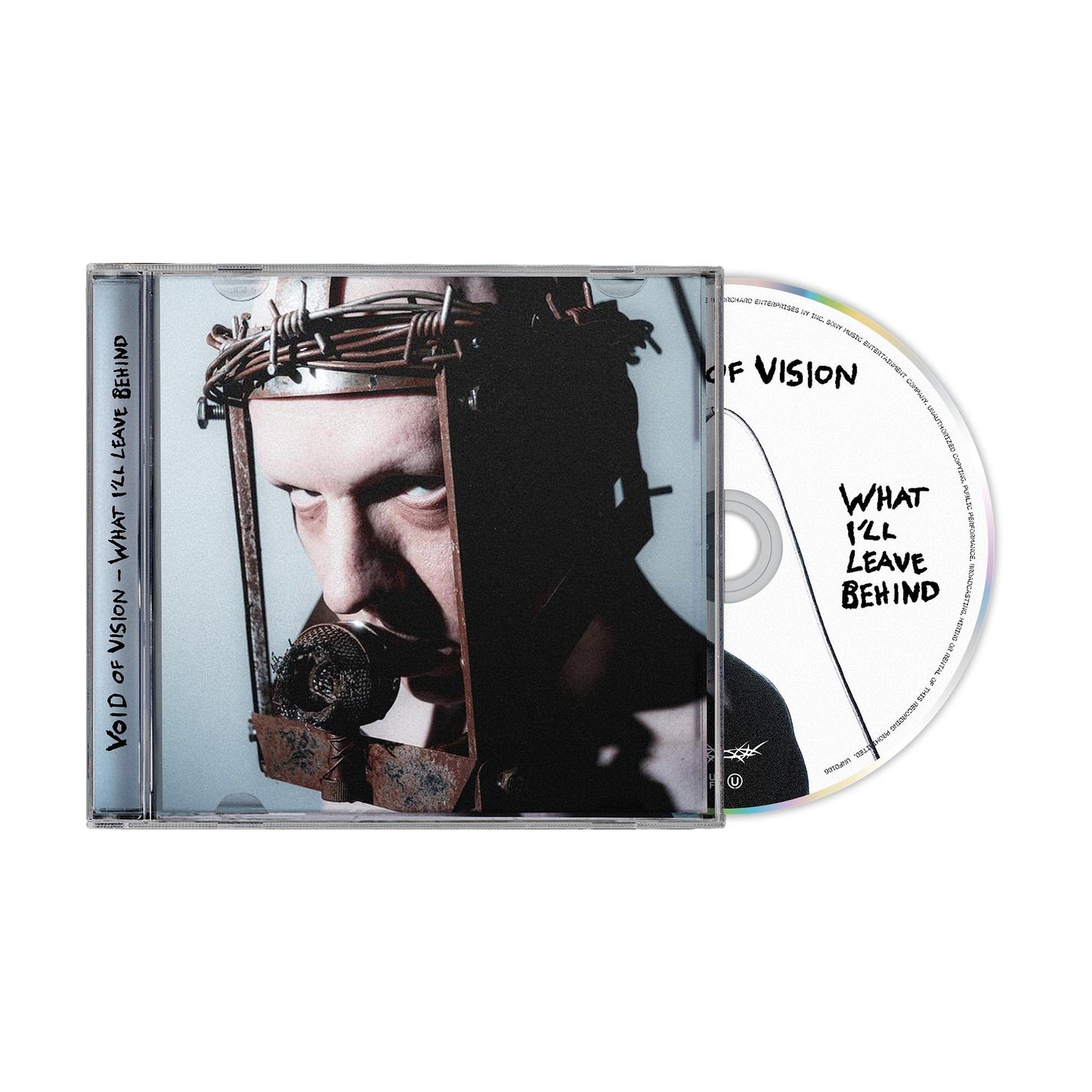 CD case for Void Of Vision’s “What I’ll Leave Behind,” featuring a face with barbed wire.