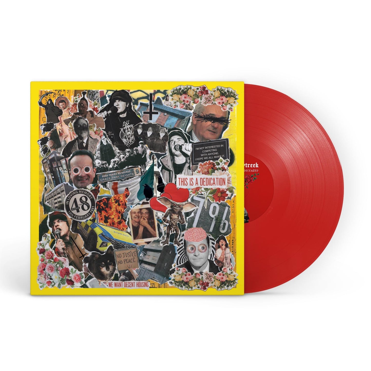 Red vinyl record with collage album art featuring portraits and text.