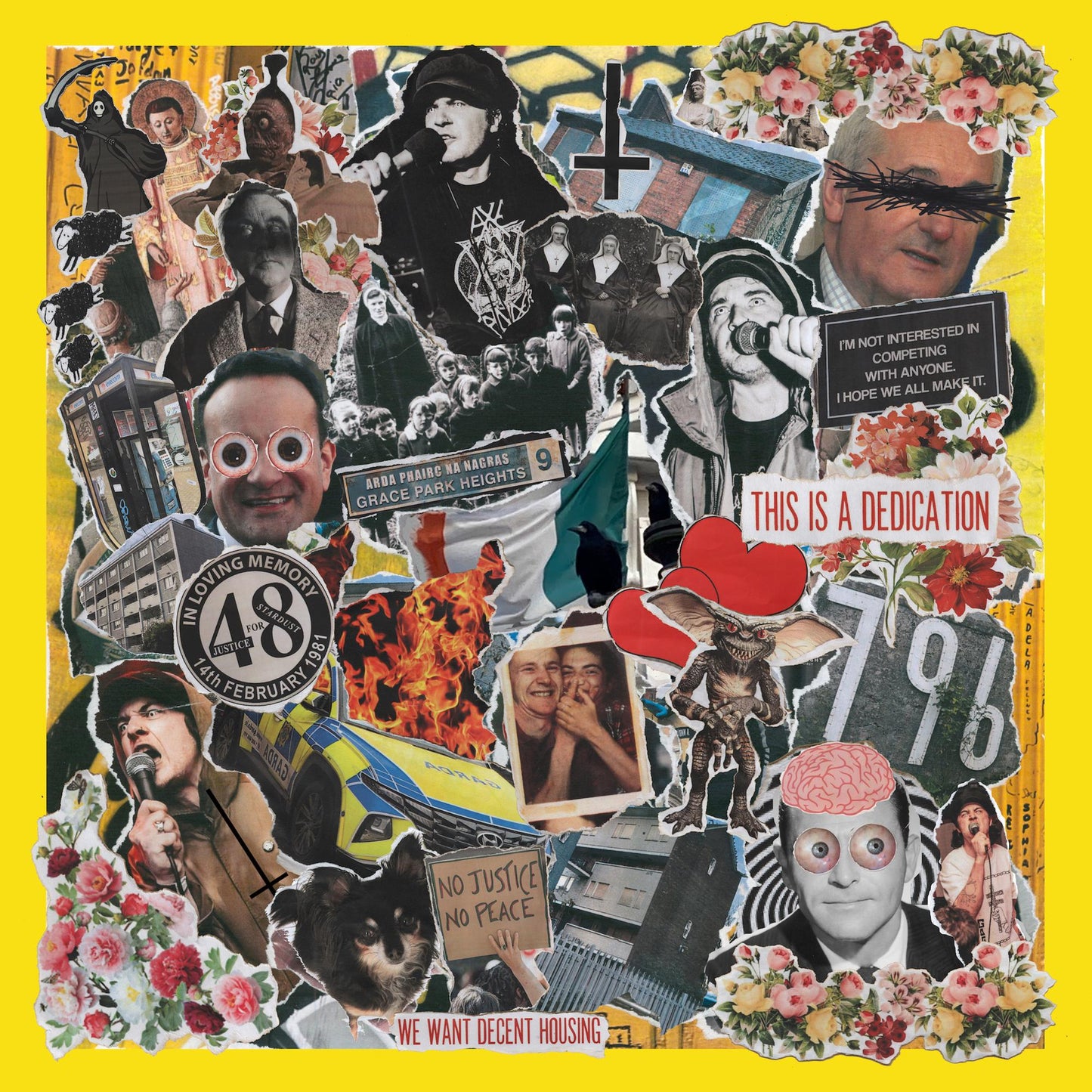 CD cover collage with portraits, text, and protest imagery on a yellow background.