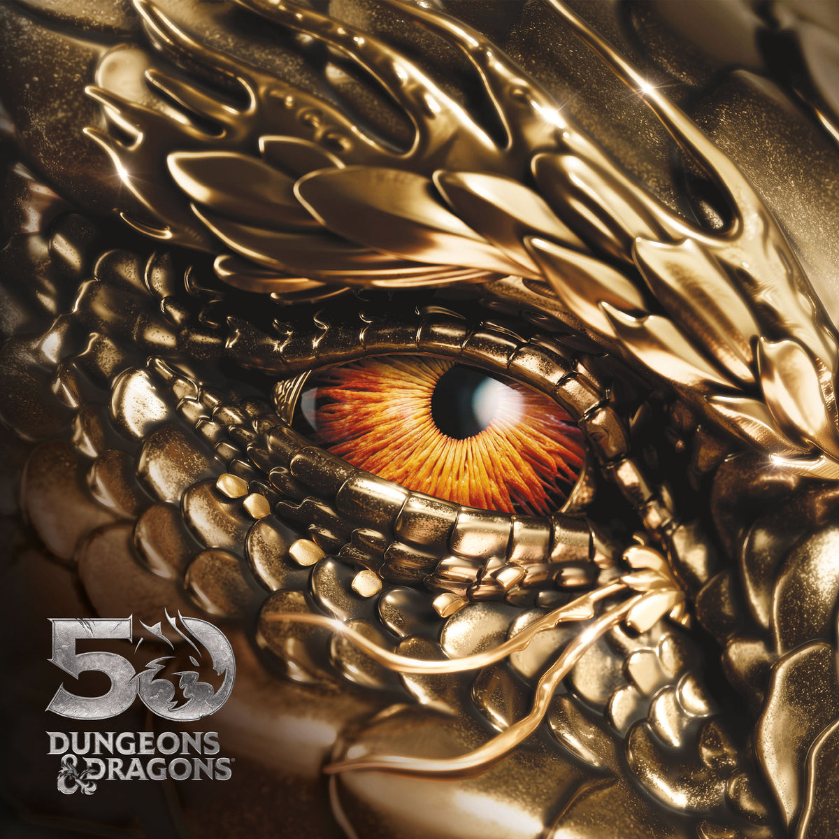 Close-up of a golden dragon’s eye with Dungeons & Dragons logo.