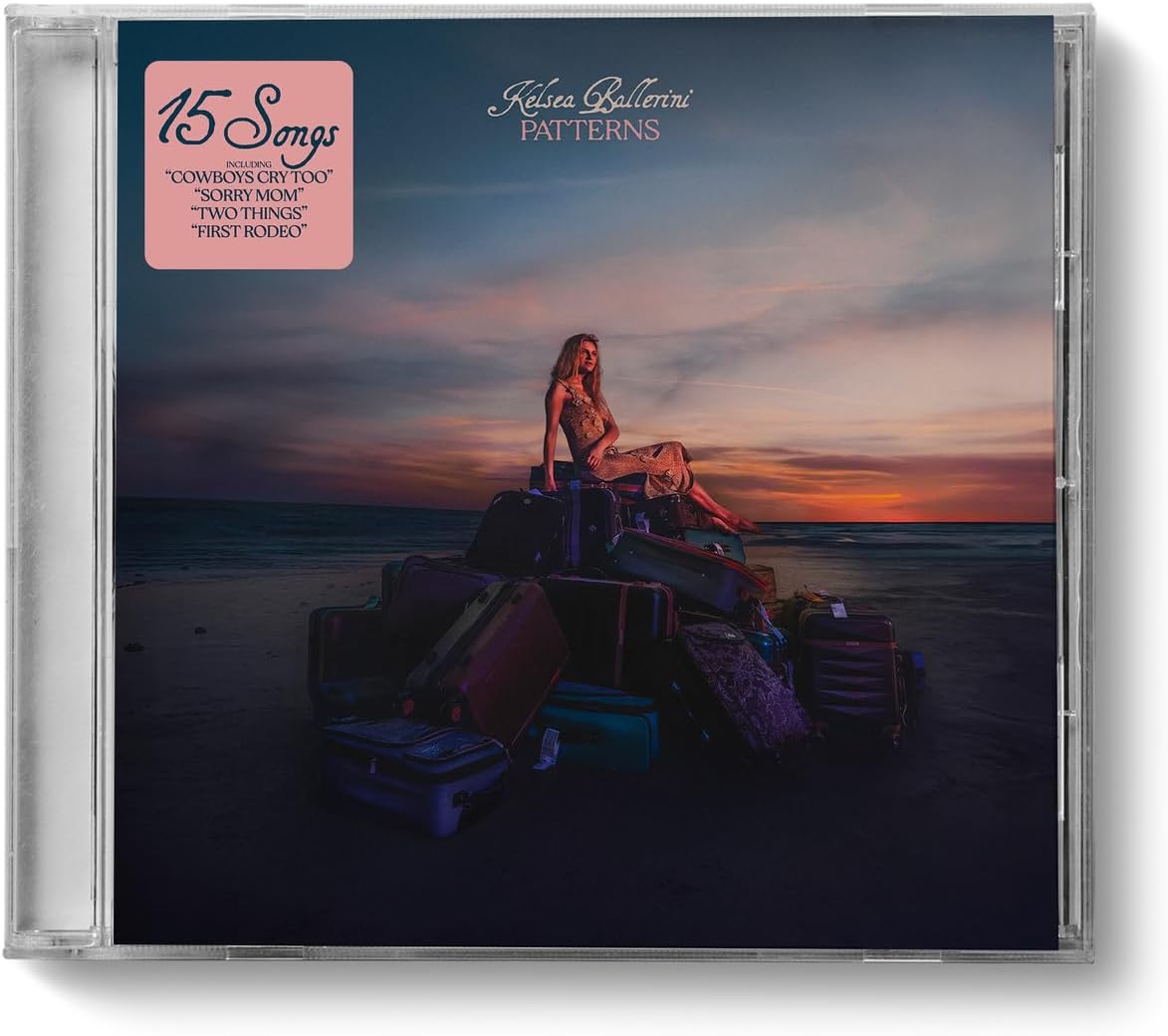 Kelsea Ballerini’s “Patterns” CD cover with artist on luggage by the sea.