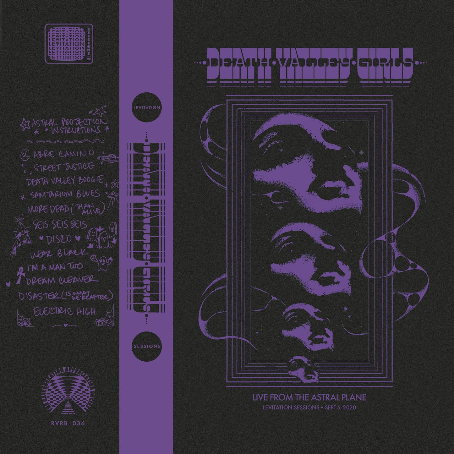 Album cover with purple graphics of faces on a dark grey background.