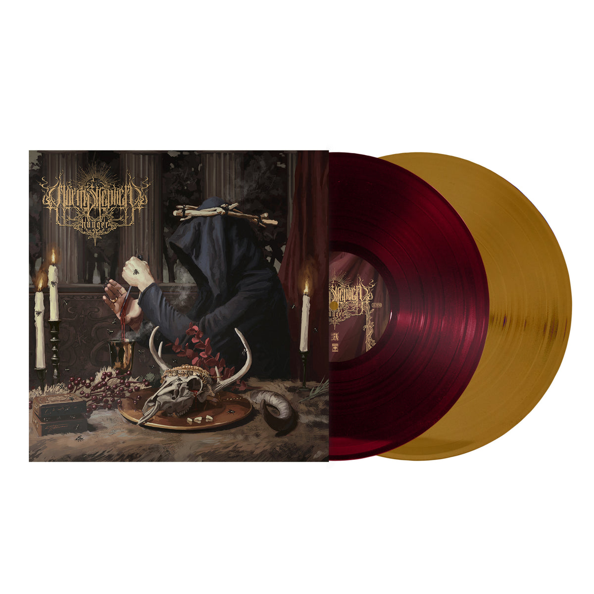 Vinyl record of "Hunger" by Worm Shepherd, with dark, ornate cover art.