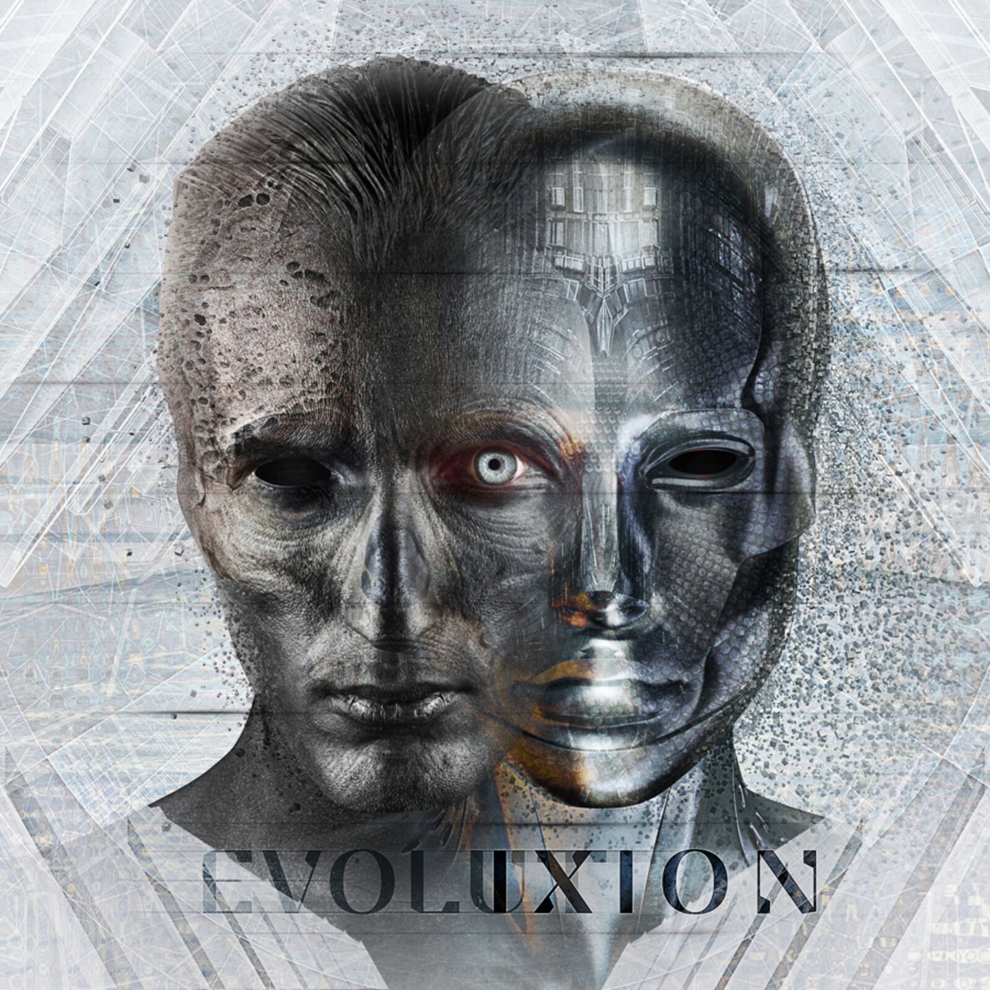 Split portrait of a man transitioning into a metallic, robotic form.