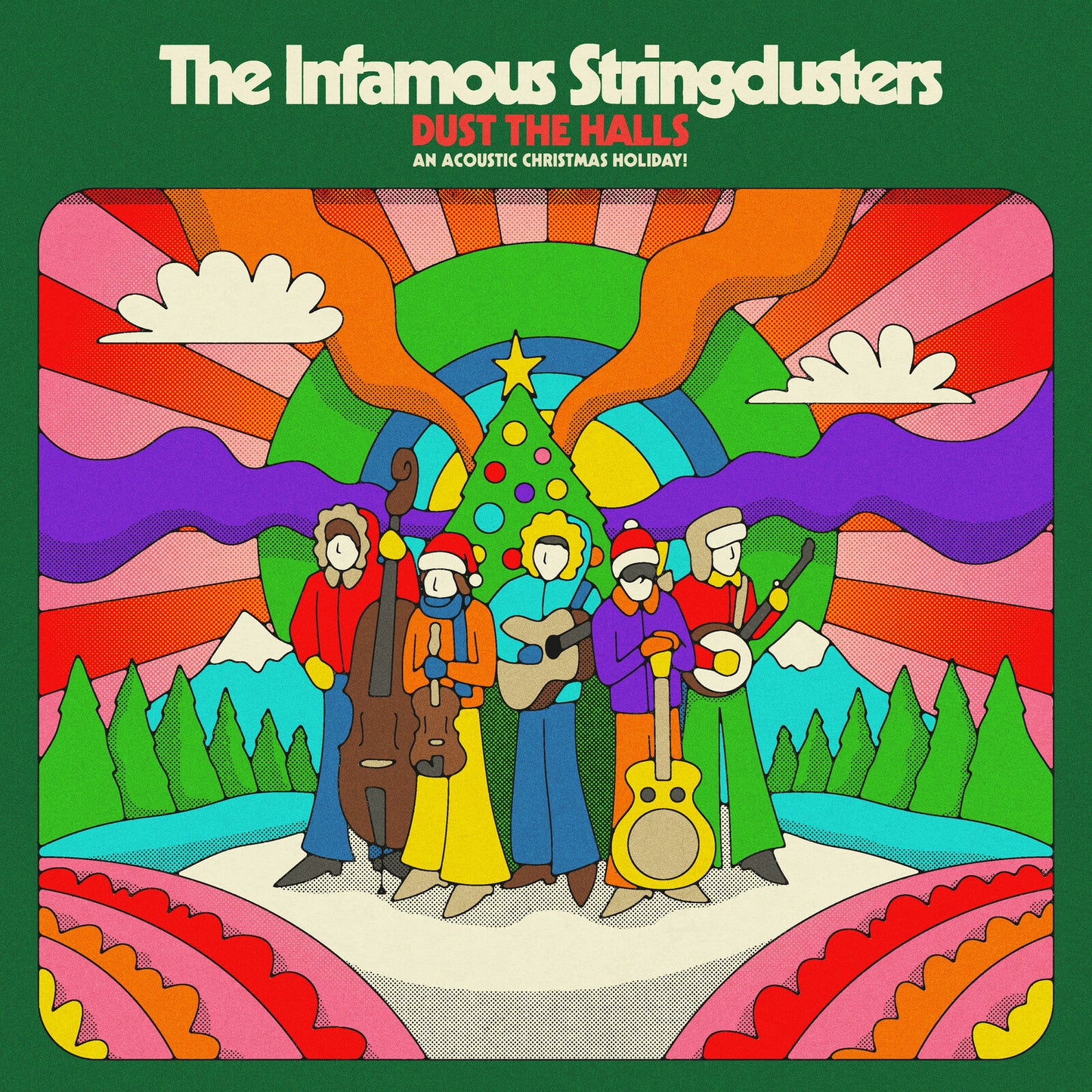 Colorful album cover for The Infamous Stringdusters’ “Dust The Halls” vinyl.
