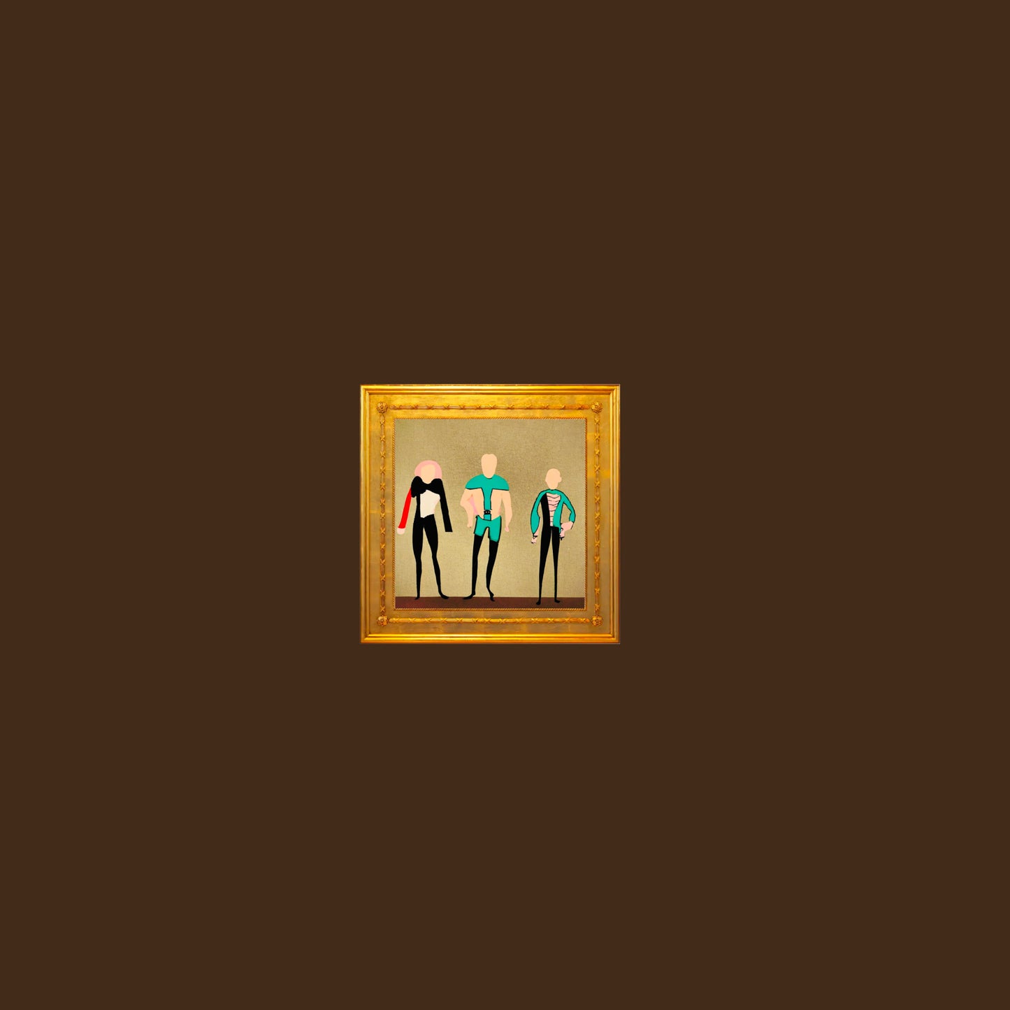 A gold-framed painting of three stylized, minimalist figures against a solid brown background.