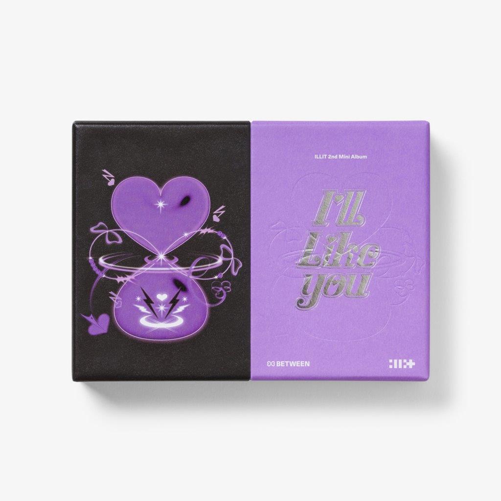 ILLIT album "ILL LIKE YOU (BETWEEN Ver.)" with purple and black cover.