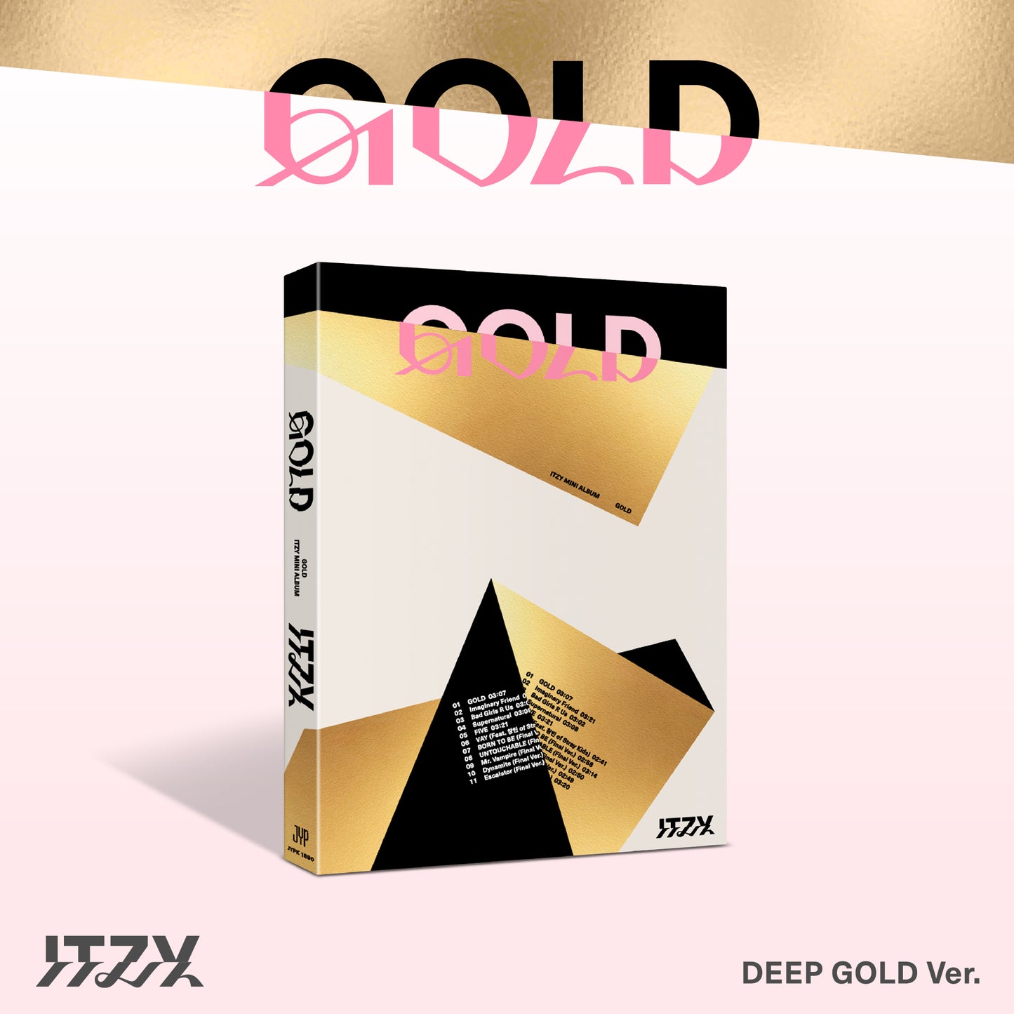 ITZY “GOLD” album, Deep Gold version, with gold and black geometric design.