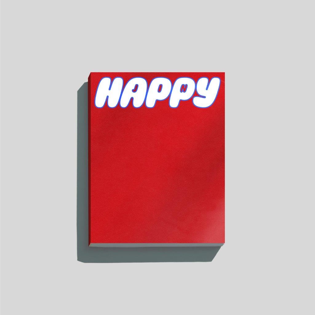 Red CD case with white "HAPPY" text, shadow below.