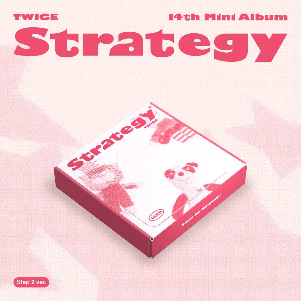 TWICE “Strategy” album, pink packaging with illustrated teddy bears.