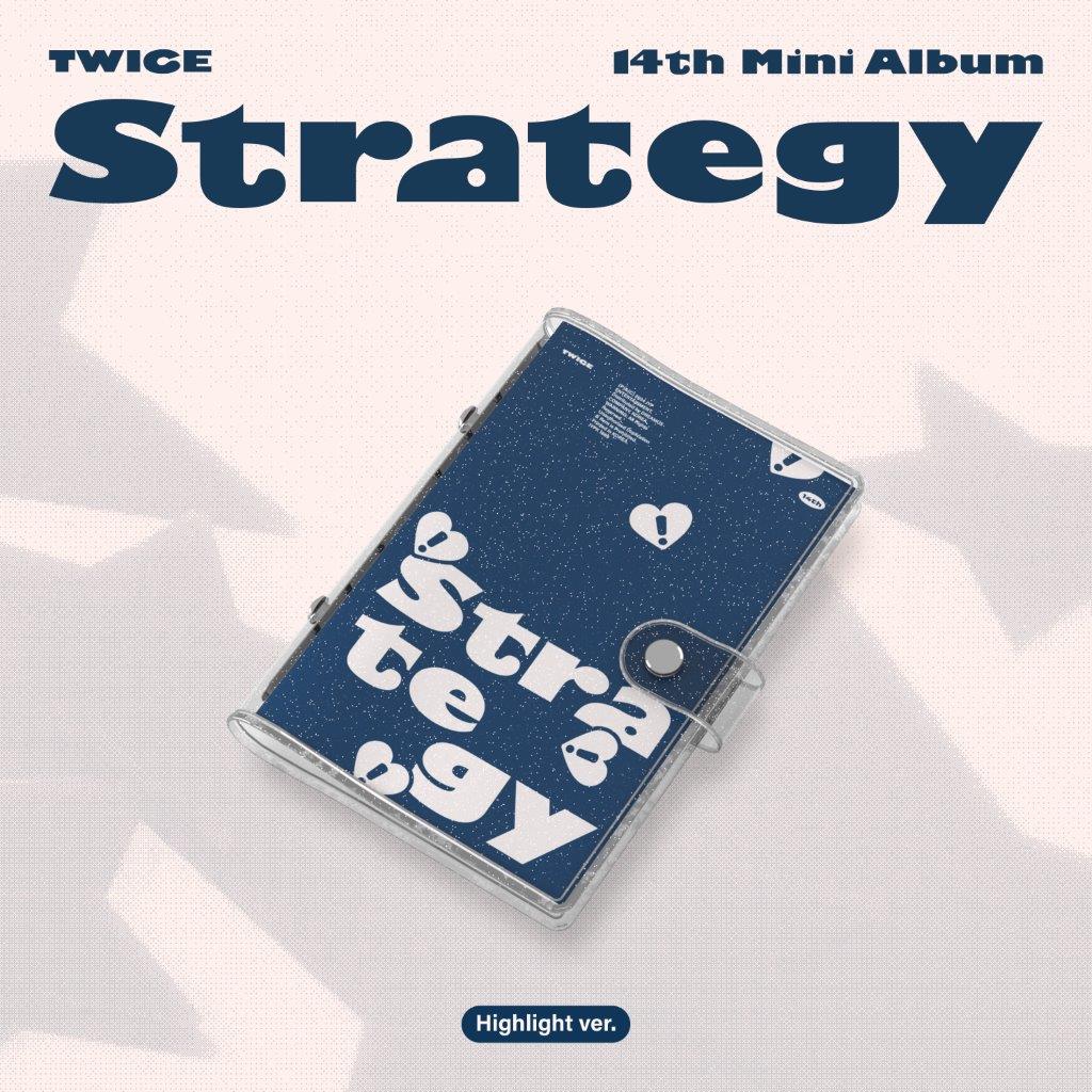 TWICE “Strategy” album cover, dark blue with white text and graphics.