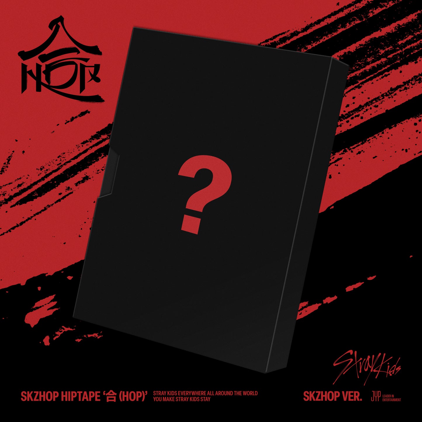 Black and red Stray Kids “HOP” CD case with a question mark design.