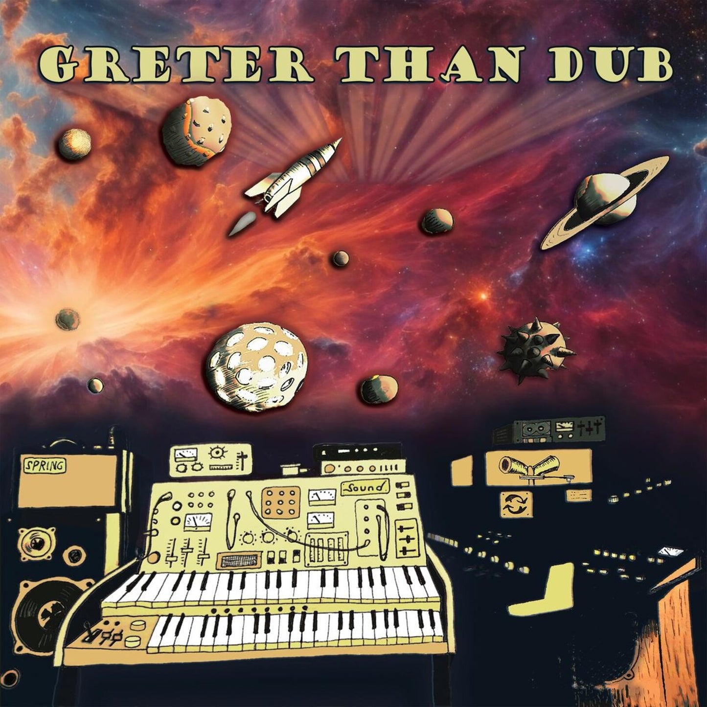 Album cover: space scene with planets, rockets, and a synthesizer.