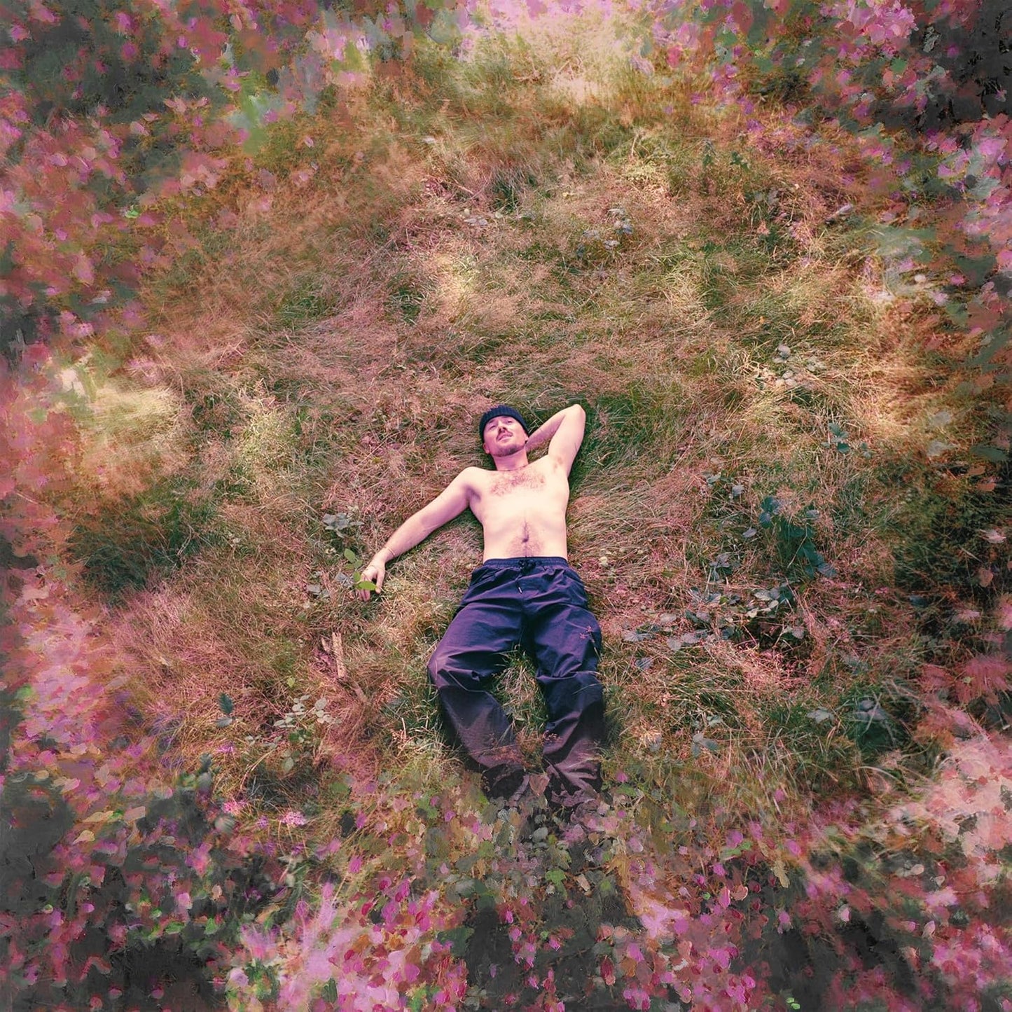 Person lying in tall grass, album cover with pink and purple hues.