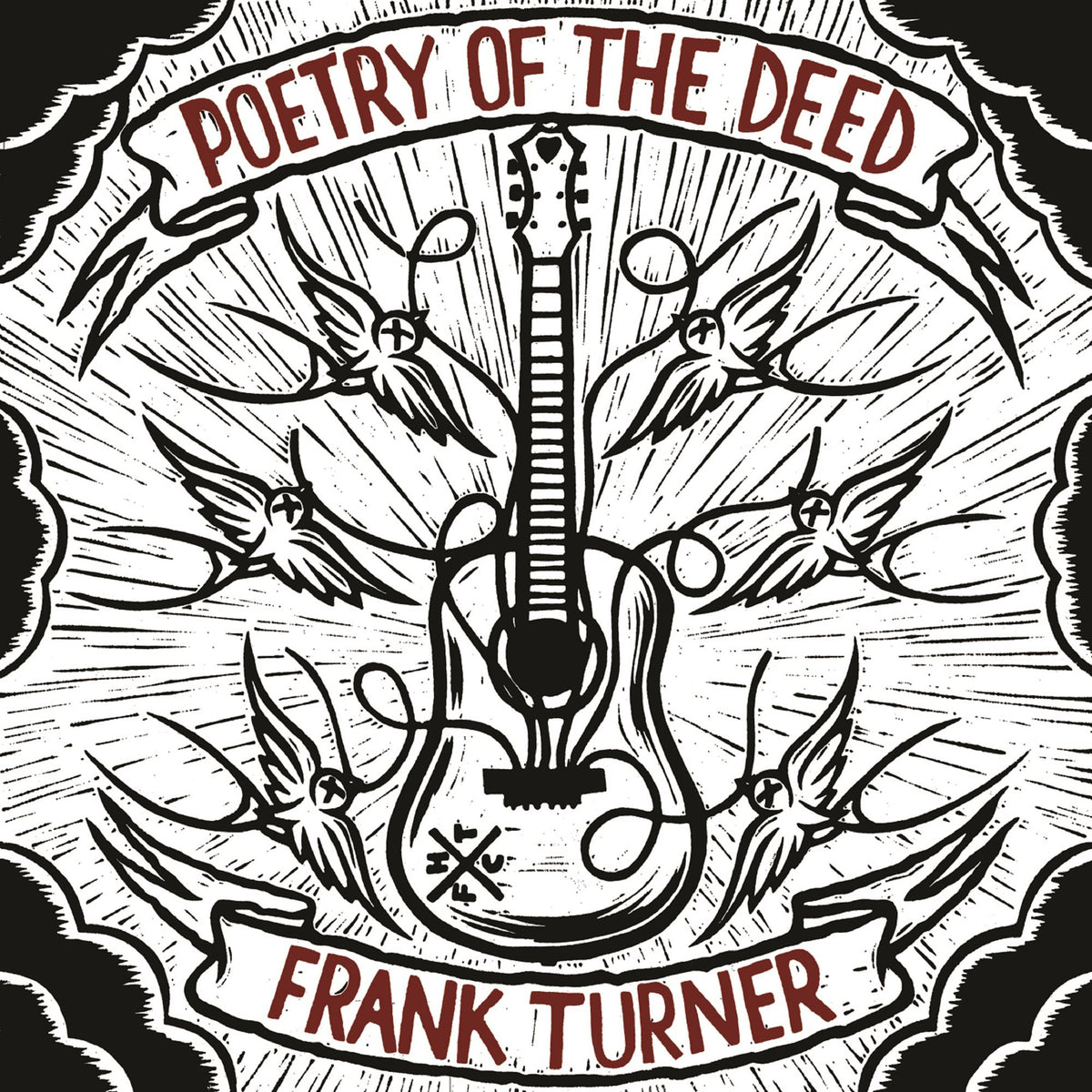 Black and white illustration of a guitar with swallows, text reads "Frank Turner".