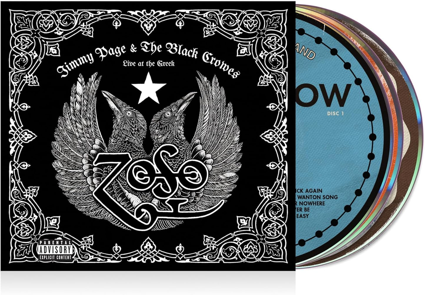 CD cover for "Live at the Greek" featuring ravens and ornate design.