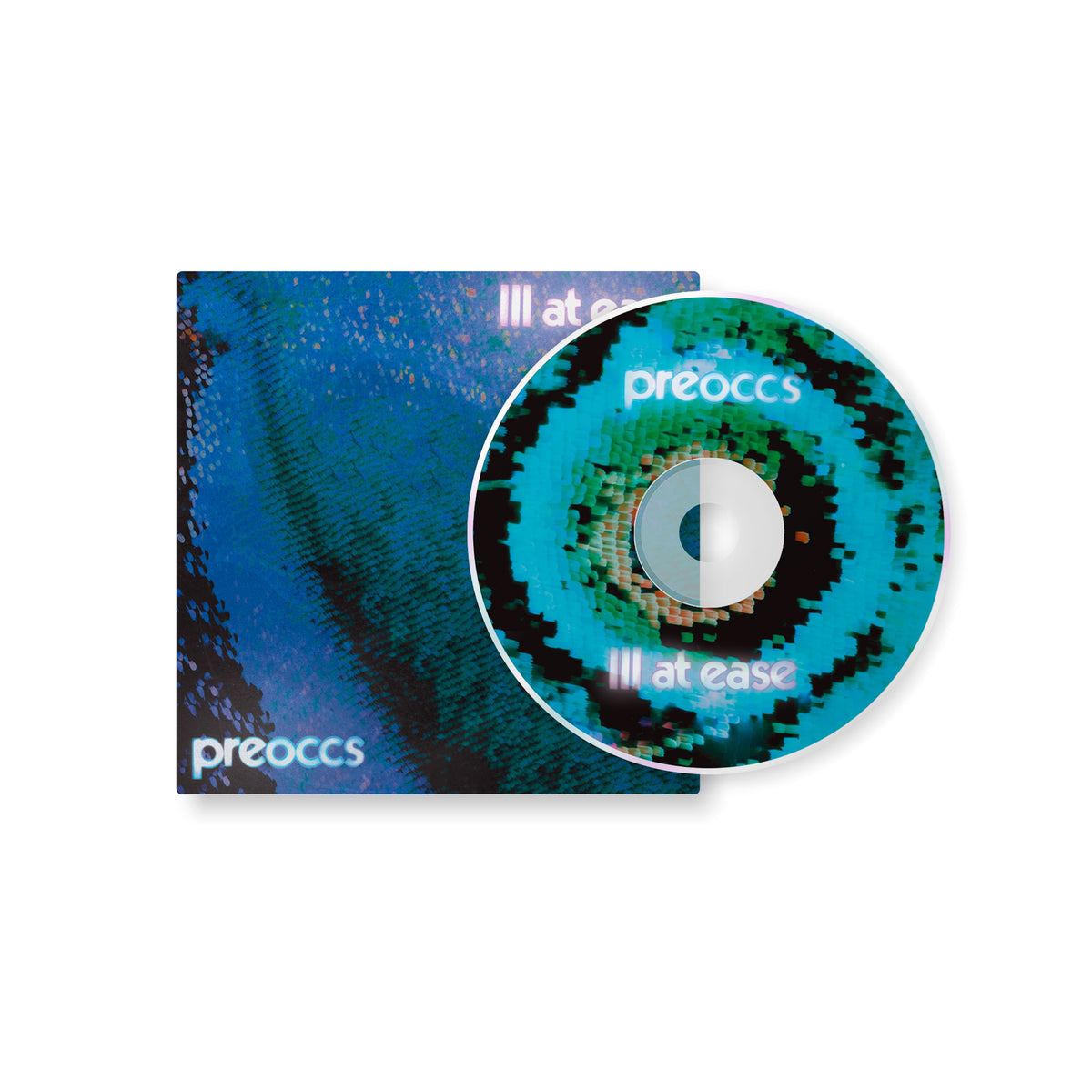 CD case and disc for Preoccupations’ album “Ill At Ease” with blue textures.