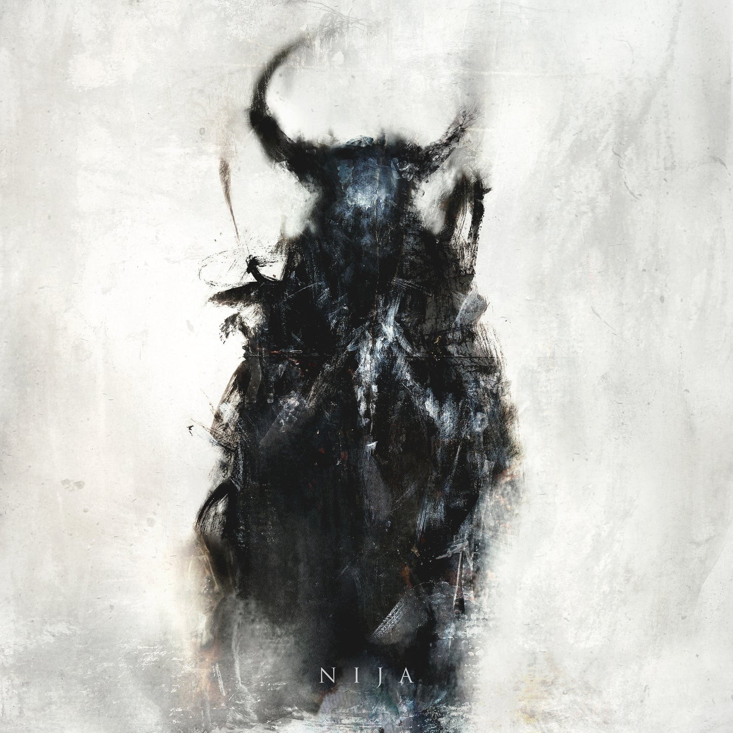 Dark abstract image of a horned figure with the word "NIJA" below.