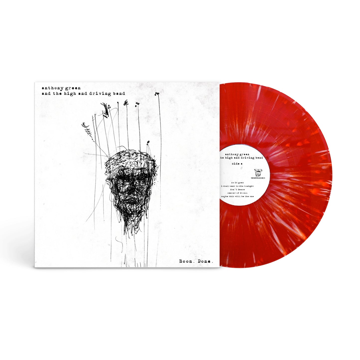 Vinyl record with red and white swirl, album cover with sketched portrait.