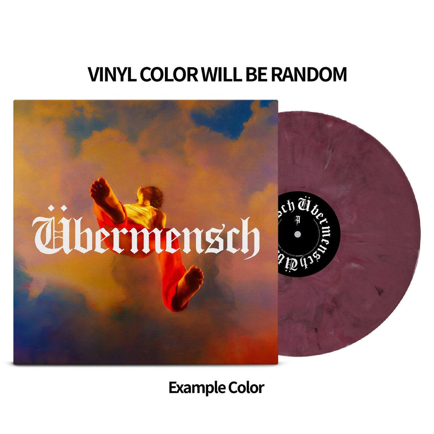 G-Dragon’s “Ubermensch” vinyl record with a figure against a colorful sky.