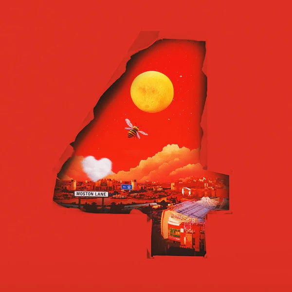 Red album cover with a bee, moon, city skyline, and torn edges.