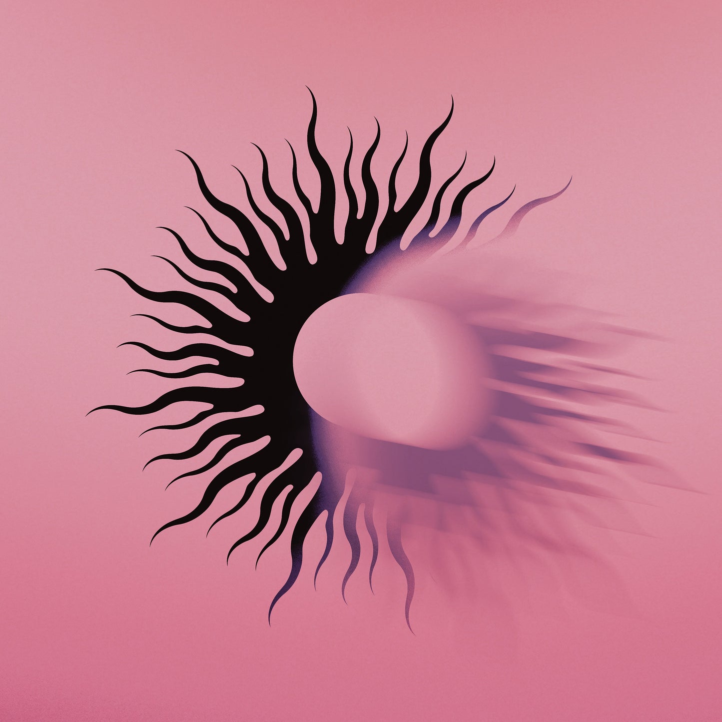 Black spiky sunburst design over a pink background.