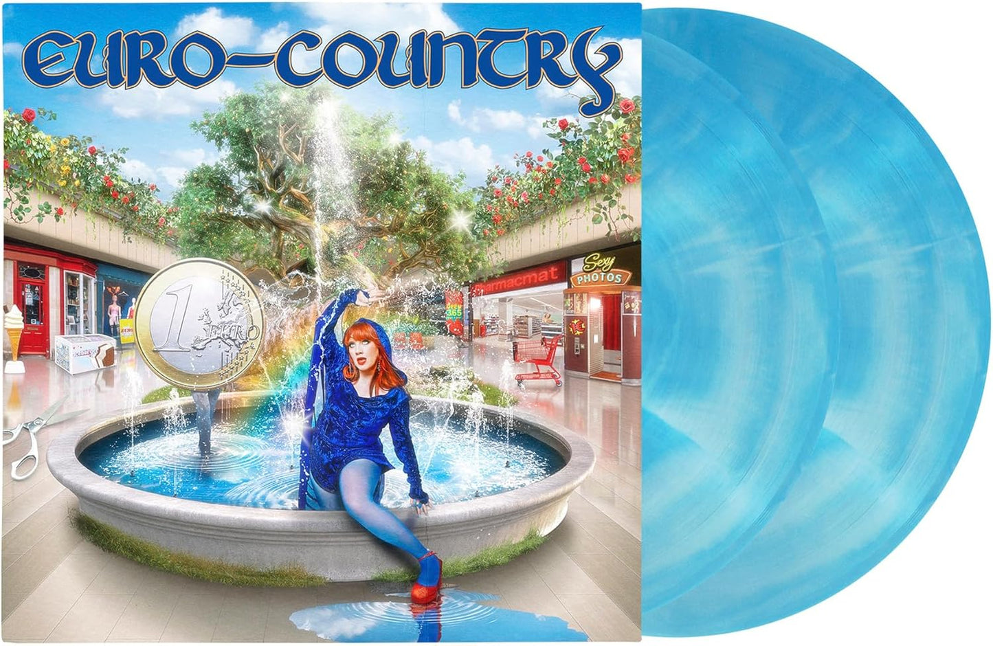 CMAT album cover featuring a woman in a fountain next to two cloudy blue vinyls.
