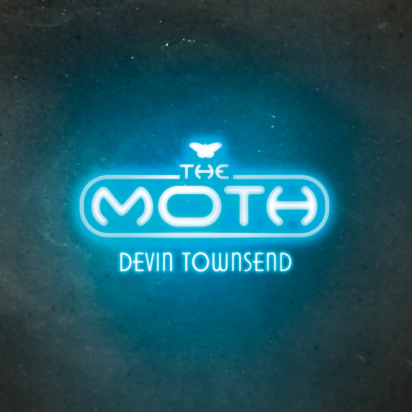 Neon blue text reading The Moth and Devin Townsend against a dark textured background.