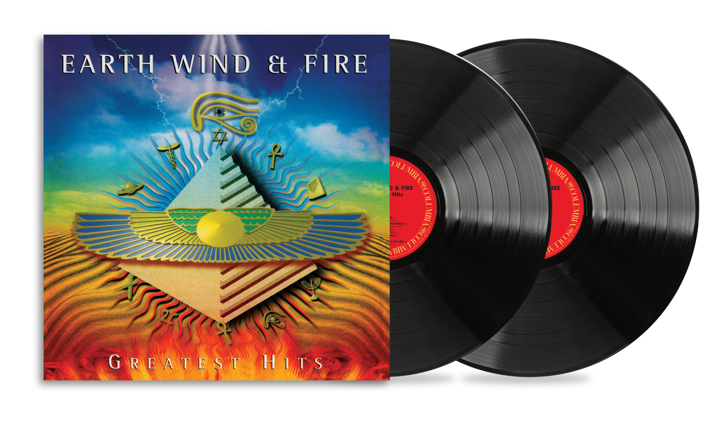 Vinyl record with Earth Wind & Fire's greatest hits on a black disc.