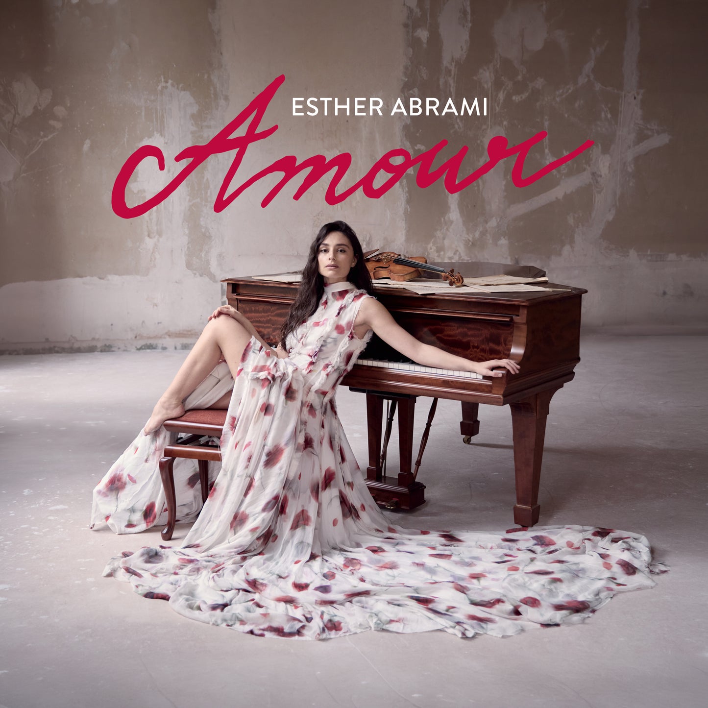 CD cover: Esther Abrami with violin and piano, floral dress.