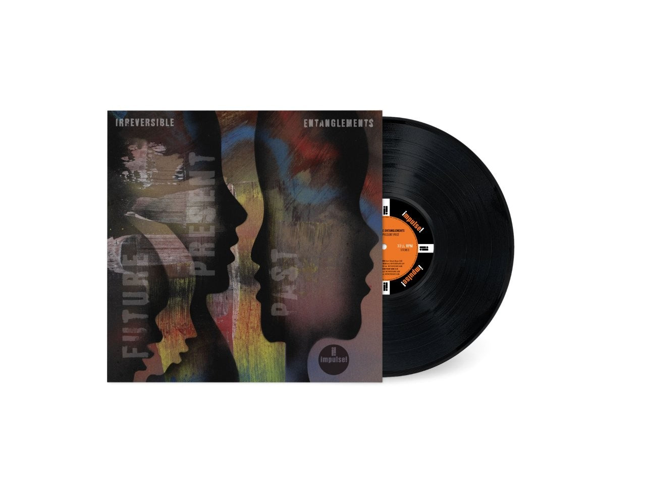 Vinyl record with album cover featuring abstract art and bold text.