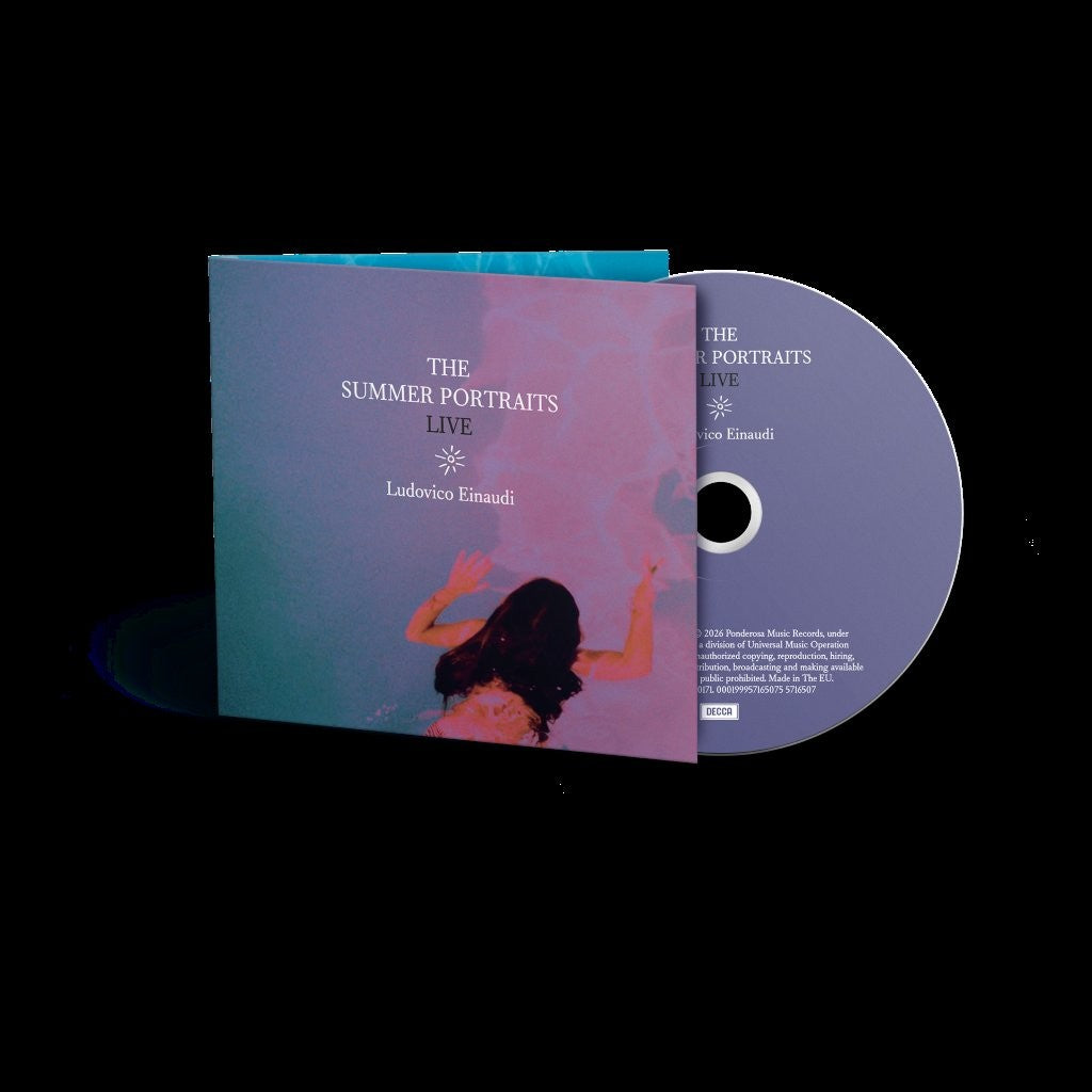 CD case for Ludovico Einaudi’s “The Summer Portraits Live” album, light blue.