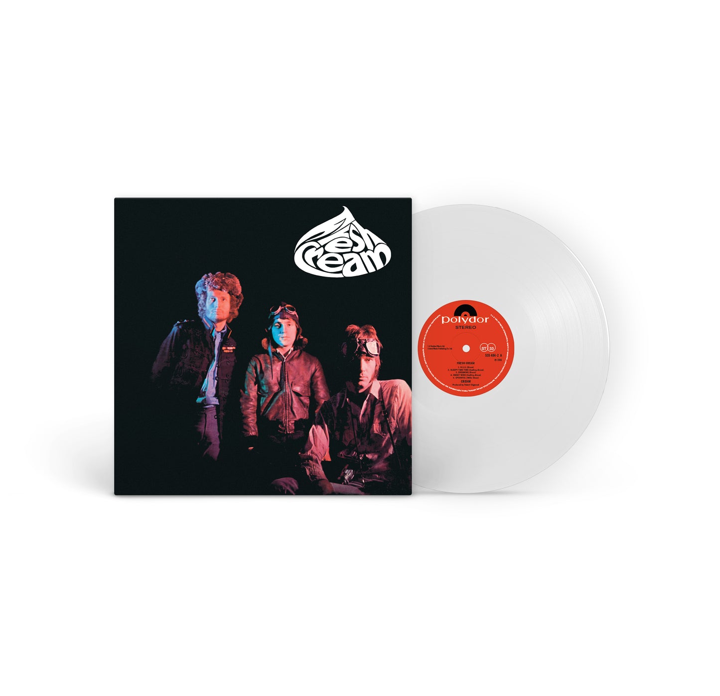 Cream's "Fresh Cream" vinyl LP with white disc and band photo cover.