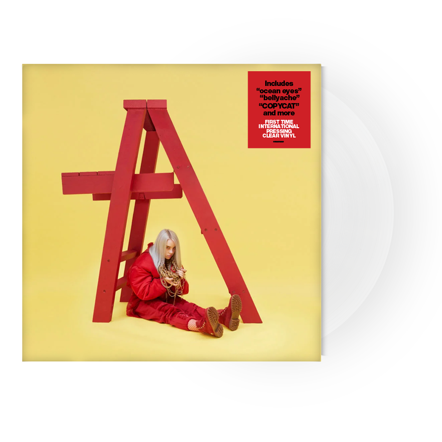 Billie Eilish album cover: yellow background, red ladder, seated artist.