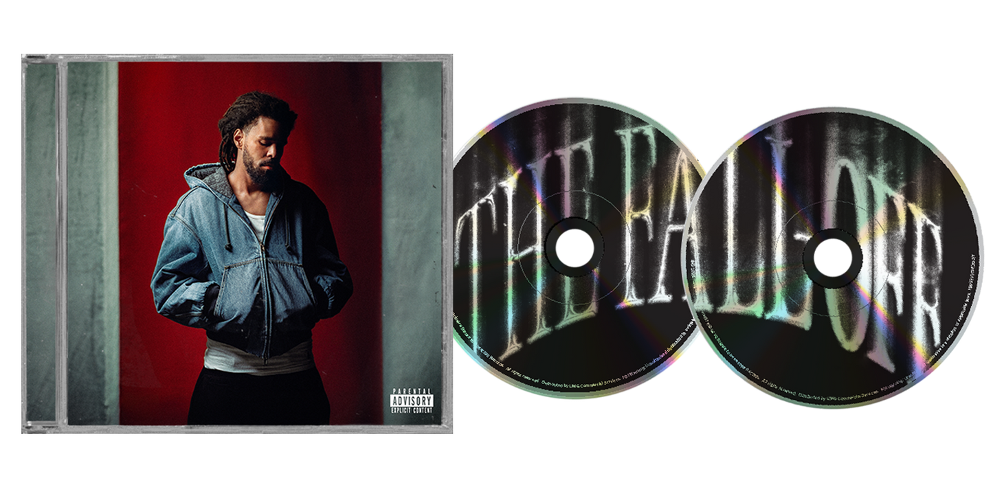 J. Cole's "The Fall-Off" double CD in a clear plastic case.