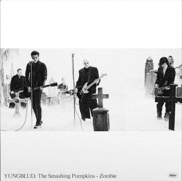 Black and white album cover featuring Yungblud and The Smashing Pumpkins in a graveyard.