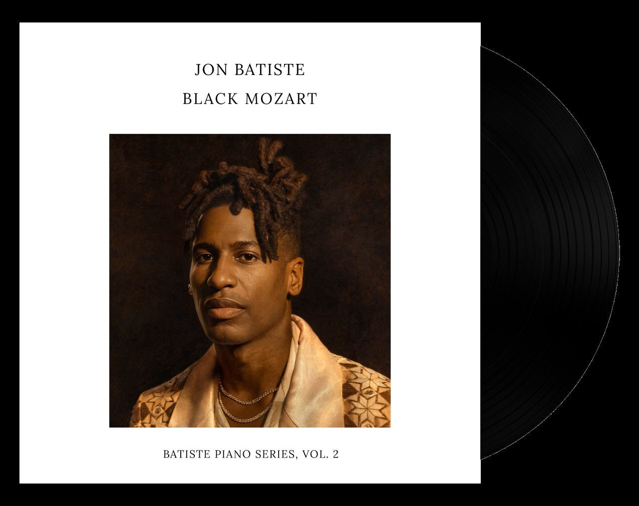 Jon Batiste "Black Mozart" vinyl record cover with portrait and black disc.