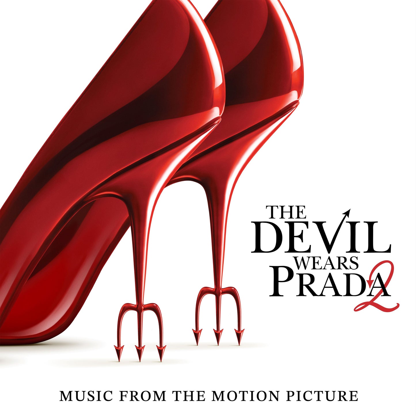 Red high-heeled shoe and film title "The Devil Wears Prada 2".