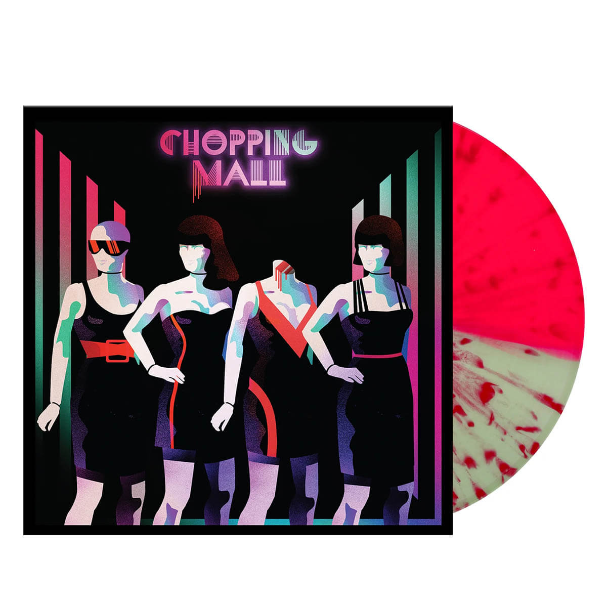 Chopping Mall" soundtrack vinyl record cover with illustrated figures and pink splatter.