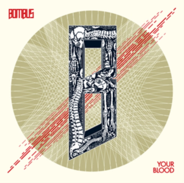 Circular album cover with skeletal imagery and red splatter design.