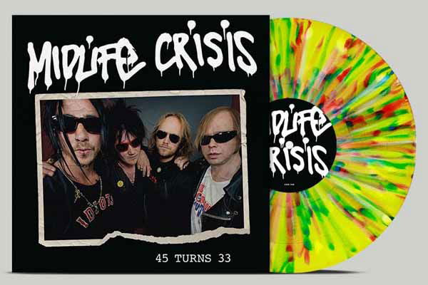 Vinyl record with a band photo and multicoloured splattered design.