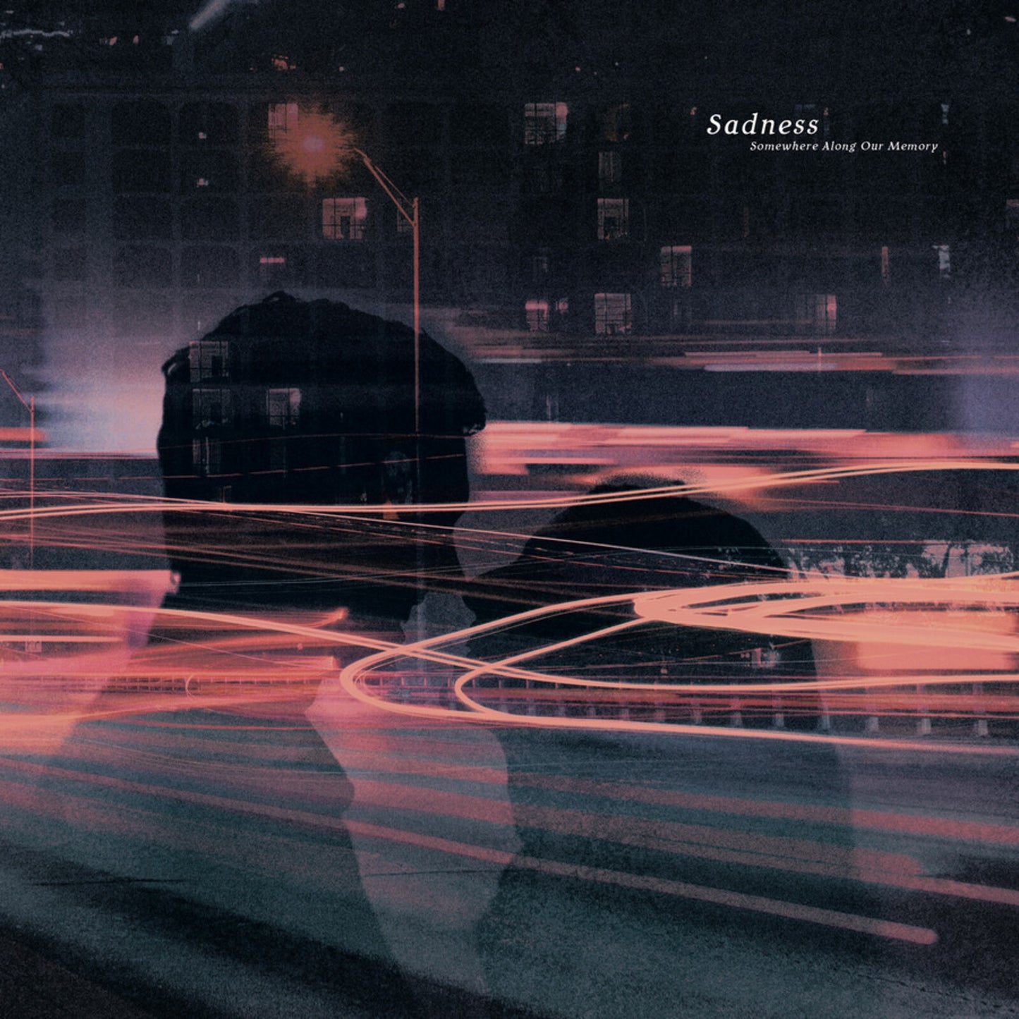Silhouetted figure with blurred red light streaks against a dark city backdrop.