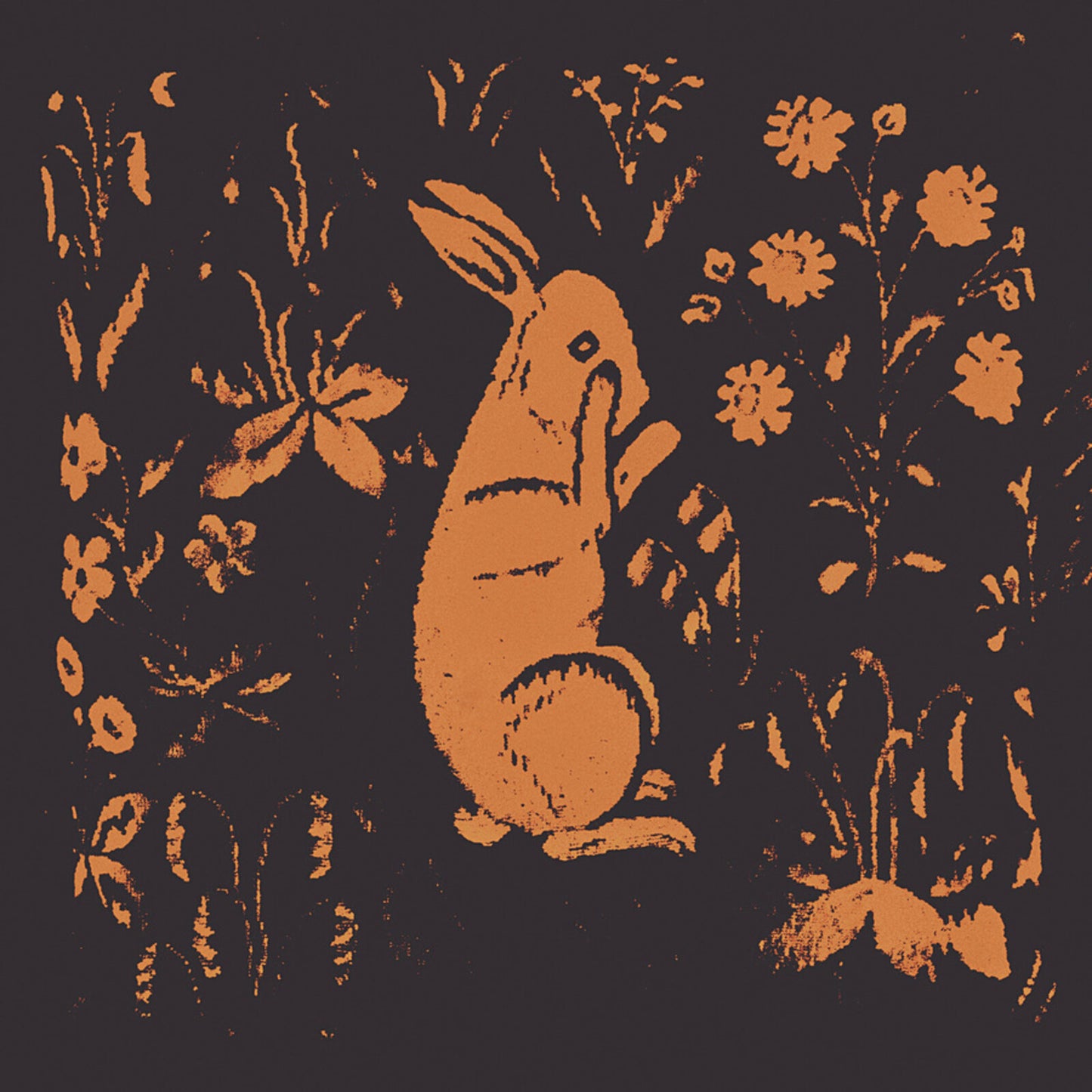 Distressed orange illustration of a seated rabbit among flowers.