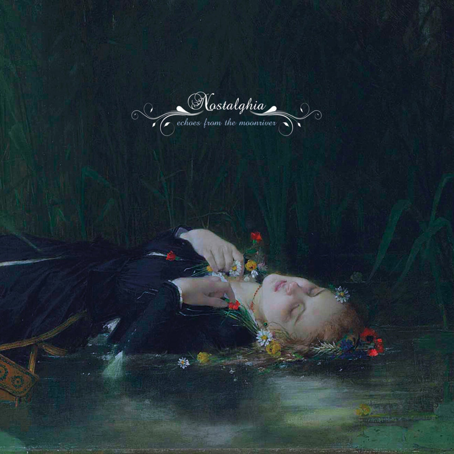 Painting of a person lying in water amidst lush, dark greenery.