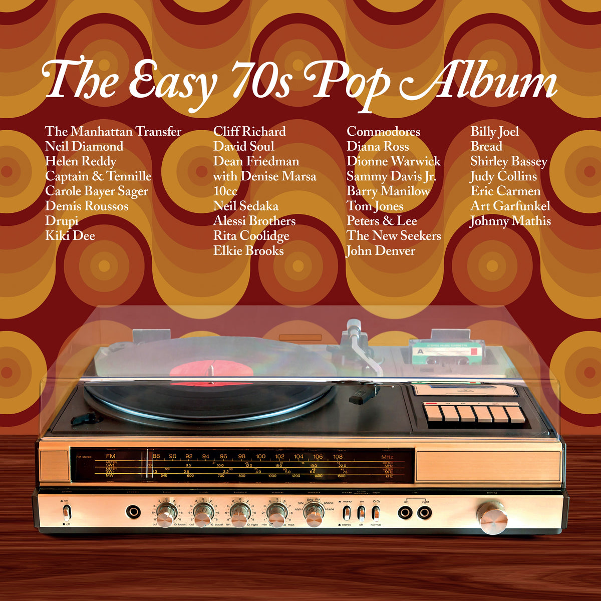 1970s pop album cover featuring a record player with artist names listed.