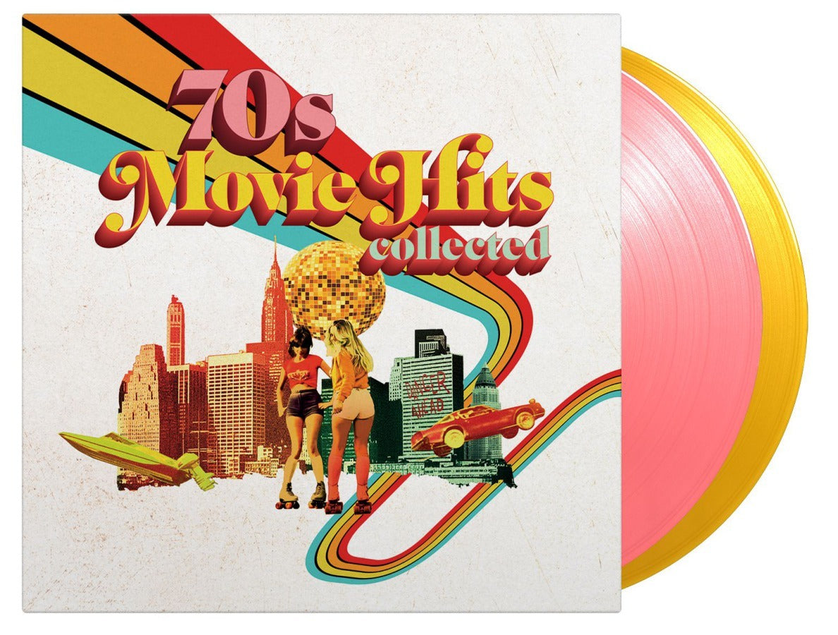 70s Movie Hits Collected vinyl record with colorful cover art and pink record.